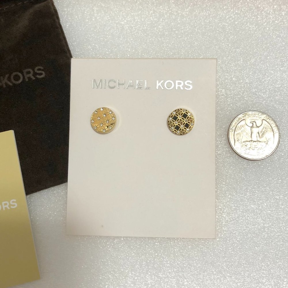 MICHAEL KORS Logo Stud Earrings Pave Crystal Gold Tone MK1 - Picture 4 of 6